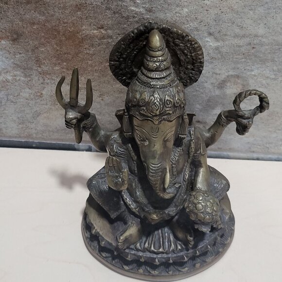 Vintage Metal Brass Seated Ganapati Ganesh Elephant Buddha Statue Sculpture - Picture 12 of 12